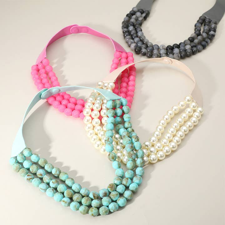 Sensibling Corp. - Wholesale Beaded/Pearl Necklace - Chunky Bead Triple Layered Faux Leather Magnetic Necklace