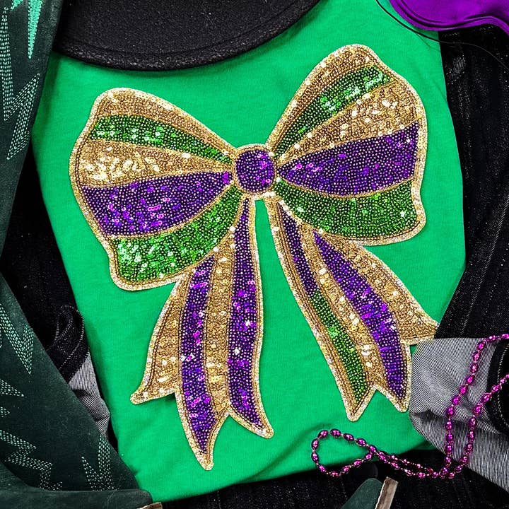 Mardi Gras Sequin Bow (Gold Backing) Patch for wholesale by Trendy Transfers