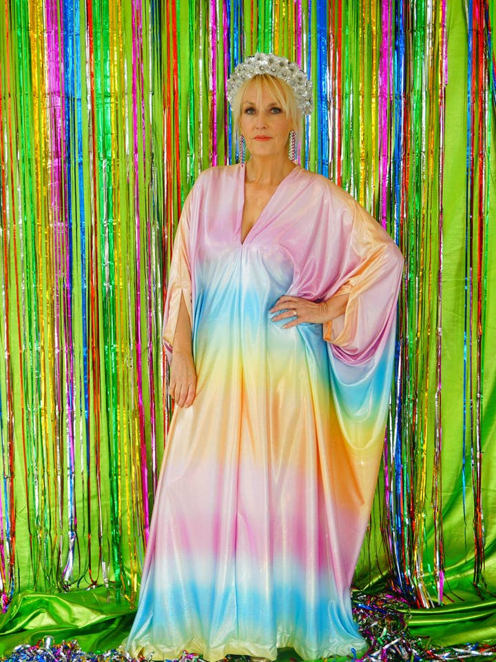 Fumbalinas - Wholesale Kaftan – Women's - Liquid Holographic Pastel Rainbow Studio 54 Maxi Kaftan Dress10