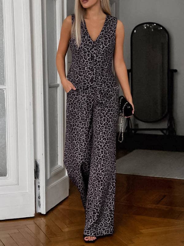 Lös ärmlös knäppt leopard split-joint V-ringad västtopp + fickor Byxunderdel Set i två delar för wholesale av StyleGalX