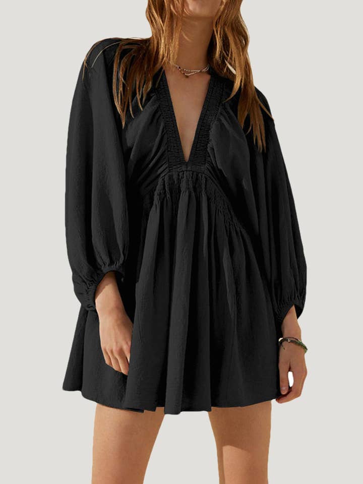 DE VAVE - Wholesale Dress - Women's - Puff Sleeve V-Neck Mini Dress