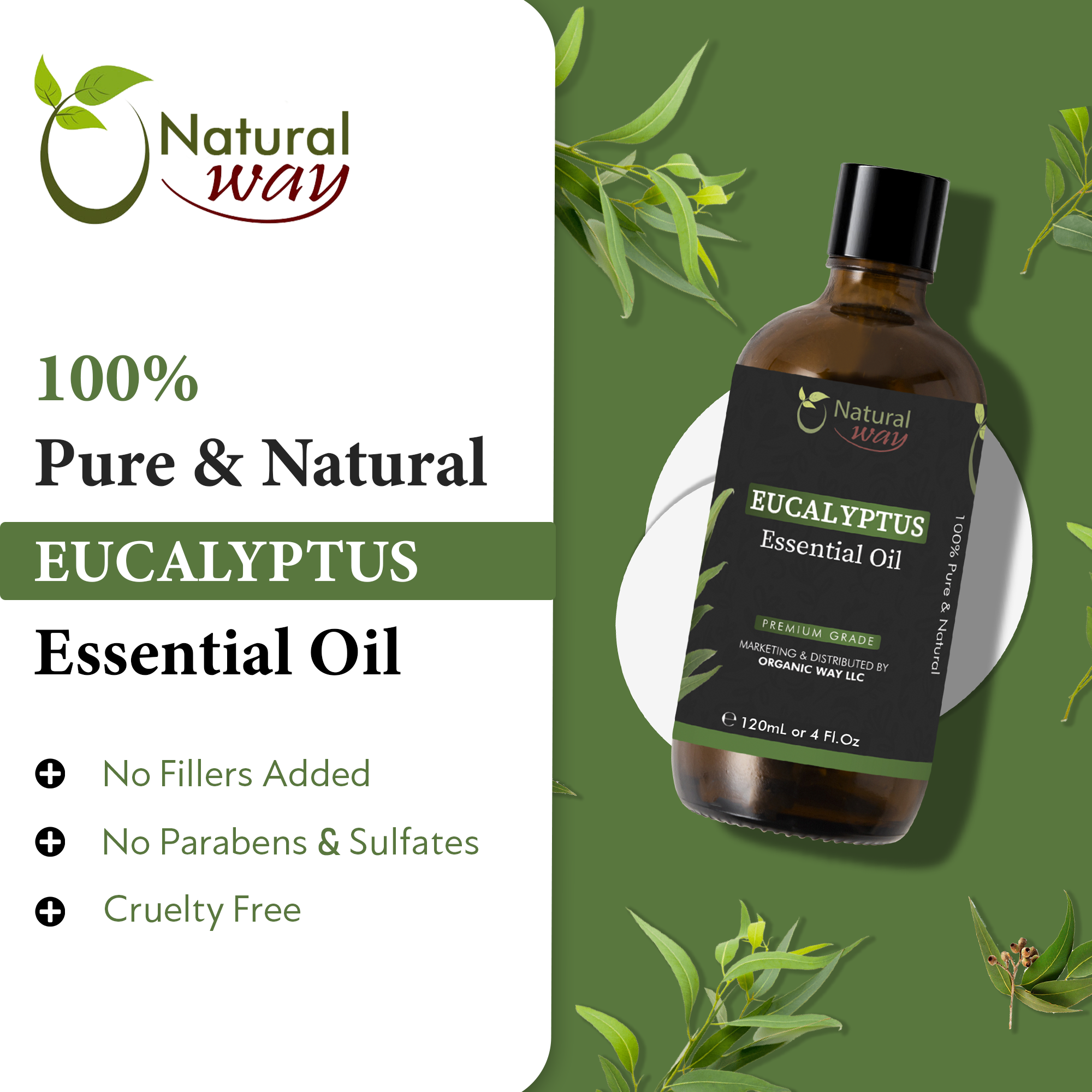 Organic Way LLC – wholesale Essential oil – Natural Way Eucalyptus Essential Oil | Premium Grade Essential Oils for Hair Care, Oil for Skin, Aromatherapy, & Diffuser | Essential Oil for Skin Tag Remover, Massage Oil & Humidifier Use | 4 Fl Oz (120 mL)1