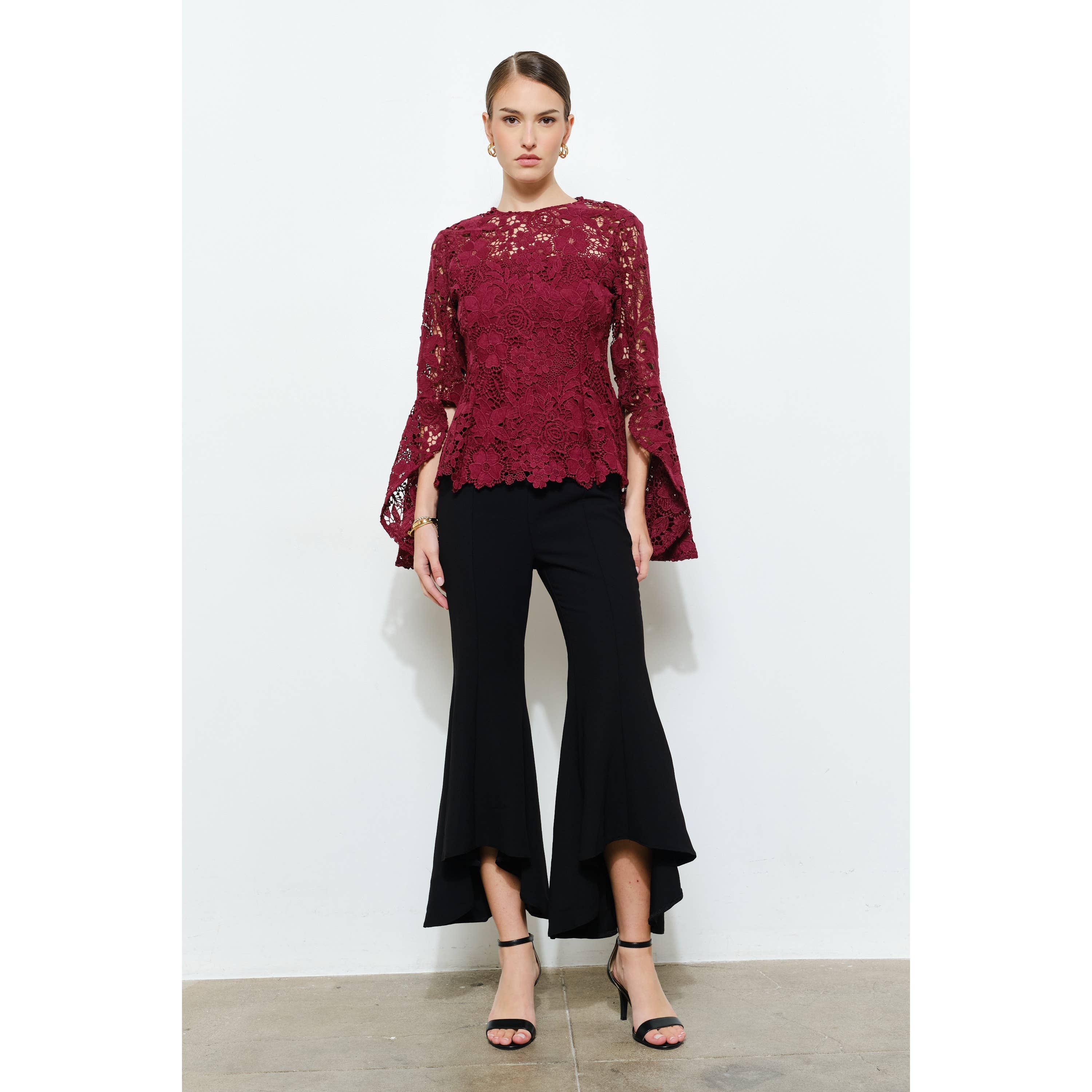 INA - Wholesale Blouse - Women's - Floral Lace Slitted Long Sleeves Blouse Woven Top5