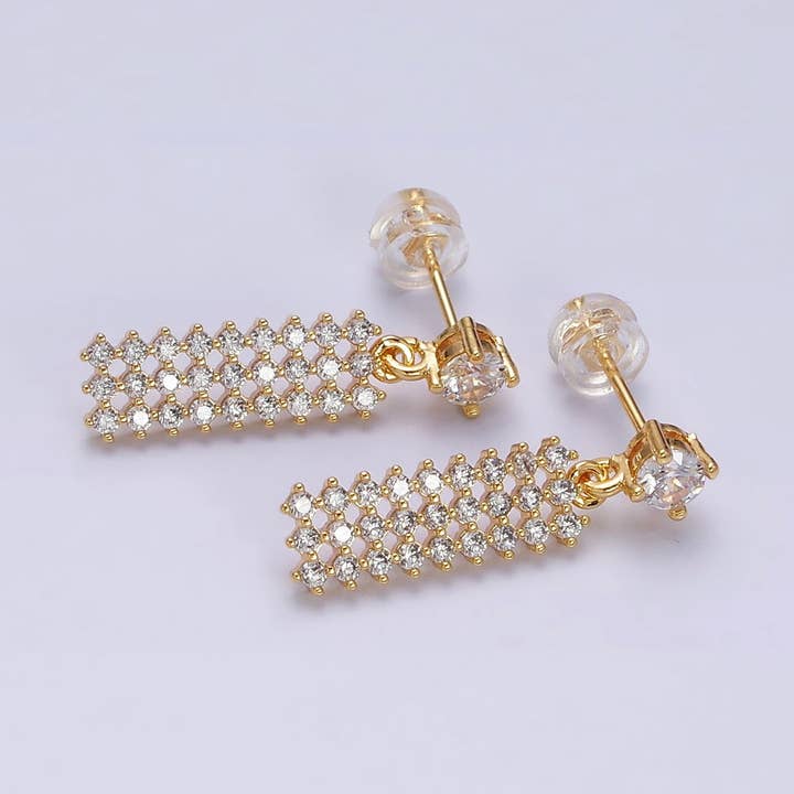 16K Gold Filled Clear Micro Paved CZ Tag Drop Stud Earrings for wholesale by Aim Eternal