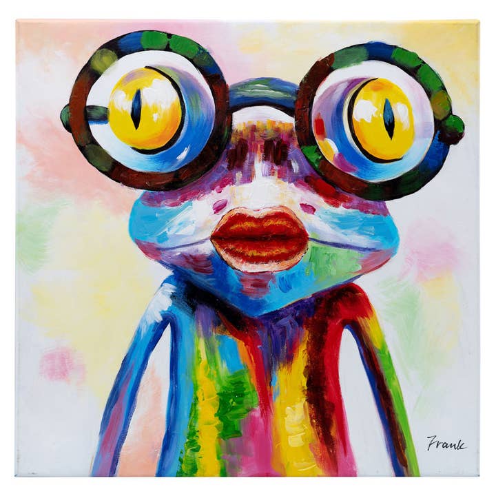 Crazy Girl Frog in Glasses | Huile peinte à la main sur toile | 50x50cm Encadrée pour la vente par Fun Animal Art