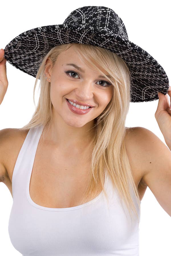 Cap Zone – wholesale Fedora - Unisex – Glansigt bälte dekor Pläd Tinsel Tweed tyg bred Rancher Hat1