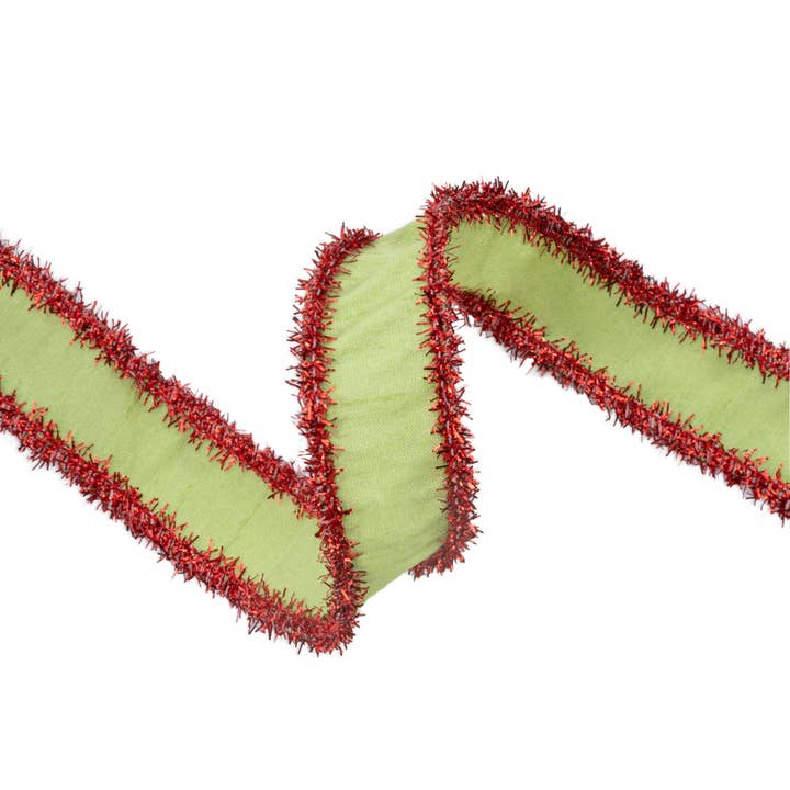 LA Ribbons Wholesale - Wholesale Ribbon - Gift Wrapping - 1" Wired Dupioni Ribbon | Green Apple w/ Red Tinsel Edging | 10 Yard Roll
3