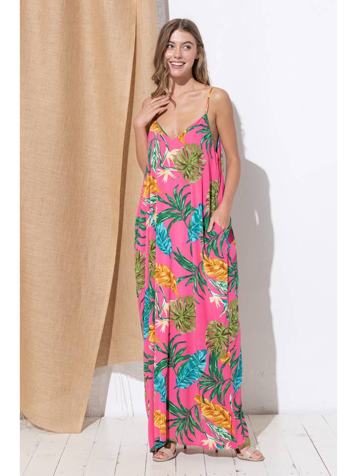 Bloidy - Wholesale Dress - Women's - Palm Leaf Tropical Floral Print Maxi Dress - C967637