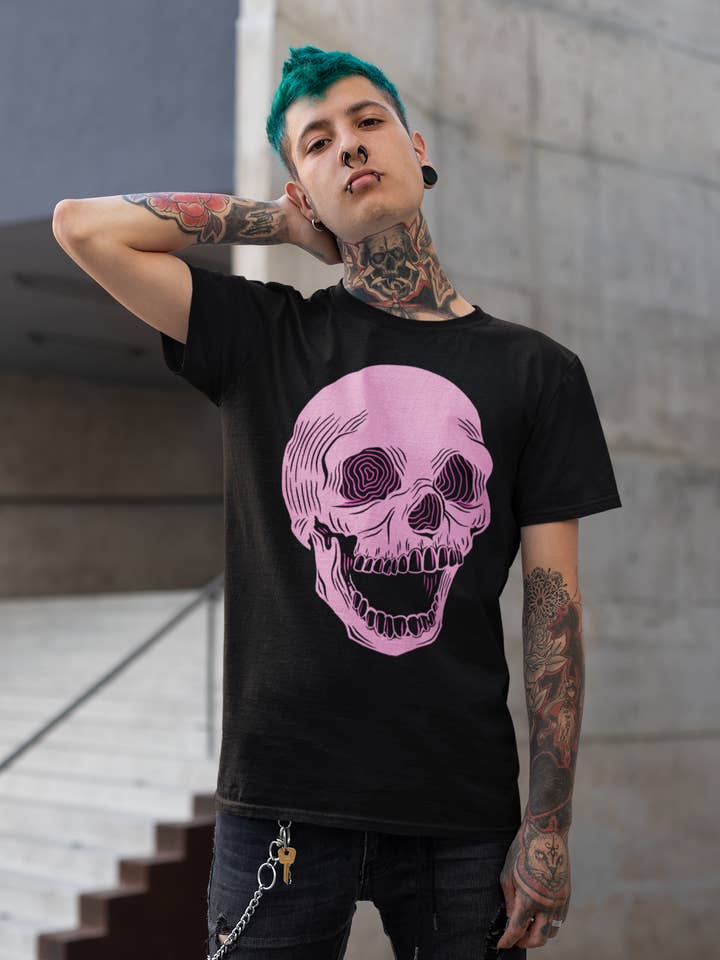 X-ray Vision Skull T-Shirt (Pink on Black Variant) for wholesale by XRAEART Clothing Co