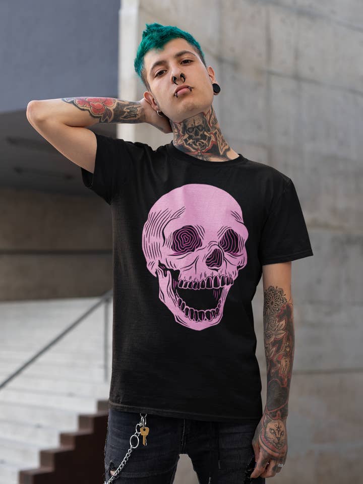 X-Ray Vision Skull T-shirt (roze op zwarte variant) voor wholesale door XRAEART Clothing Co
