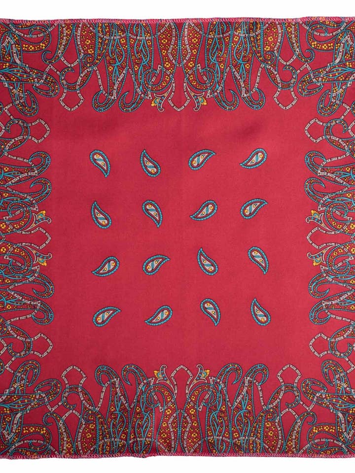 Pochette de costume vintage en soie magenta à motif paisley turquoise, gris et jaune POCV1059 pour la vente par Graffeo Cravatte