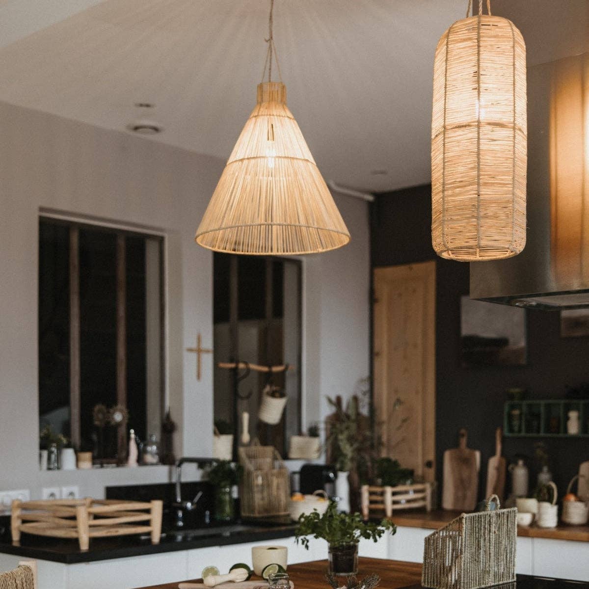 COSYDAR-DECO - Wholesale Chandelier/Hanging Light - Natural Raffia Suspension 18x55cm - ENKO Bohemian Cylindrical Light Fixture2