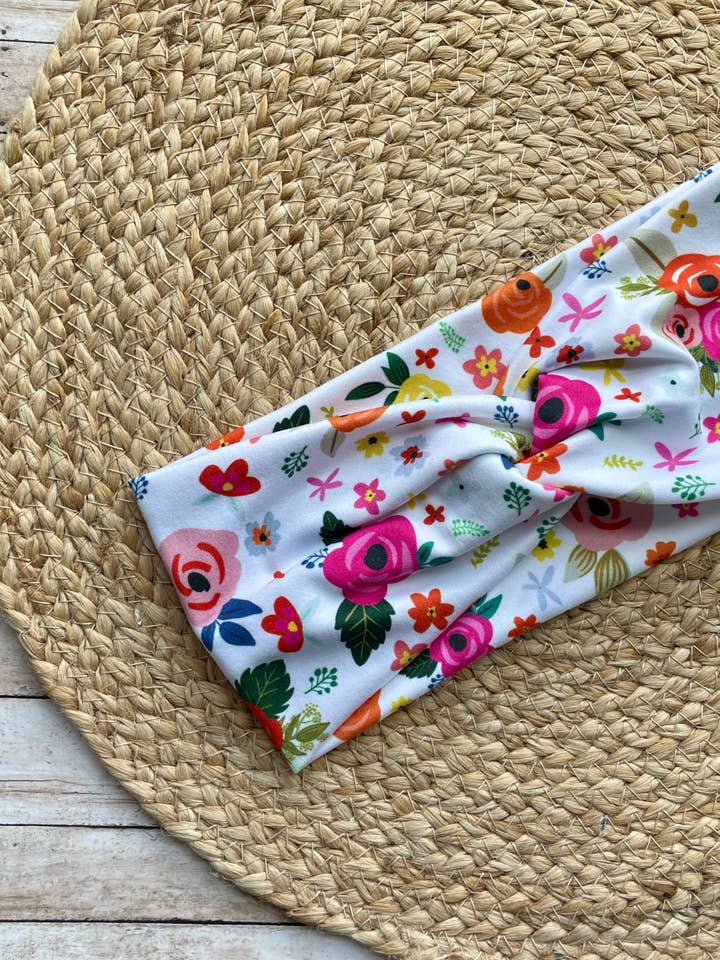 Happy Flowers Knit Twist Headband for wholesale by Designs by Rachel Joy