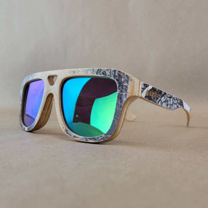 Recycled Skateboard Aviator Style Sunglasses w/ Colored Lens for wholesale by SKRP