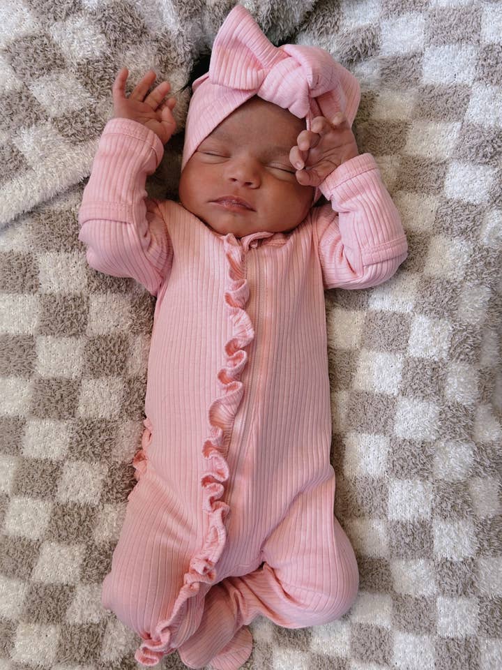 SIIX Collection - Wholesale Jumpsuit - Baby - Pink / Organic Ribbed Frill Zip Footie (Baby - Kids)