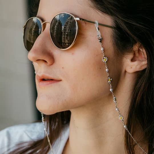 White Sun Flower Daisy Sunglass Reading Eyeglass Lanyard Pearl Chain Holder for wholesale by The Colourful Aura