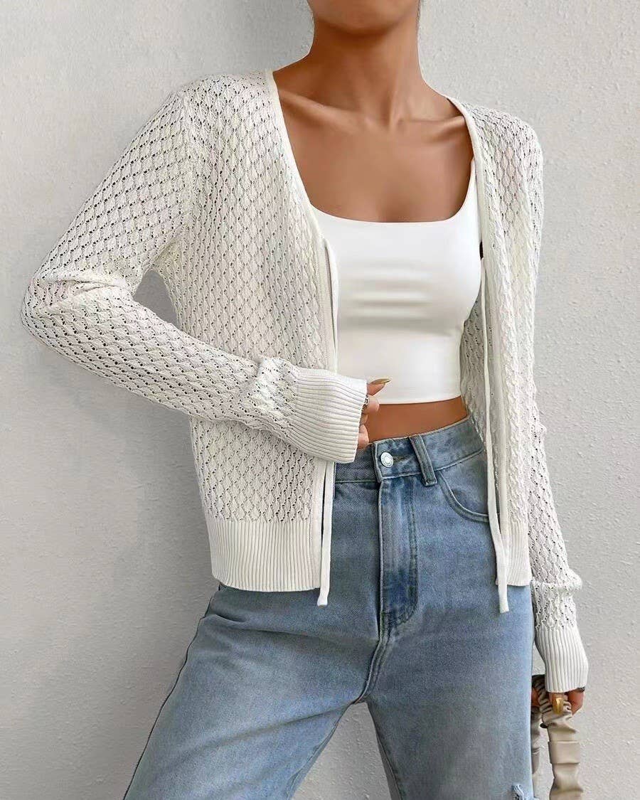 White Textured Lace-Up Cutout-Knit Cardigan for wholesale on Faire1