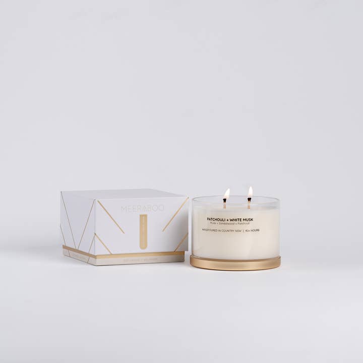 Patchouli + White Musk Gold Lid Soy Candle for wholesale by Meeraboo