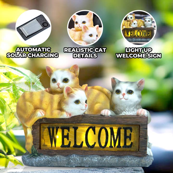 Accent Collection – wholesale Outdoor ornament/decor – Cute Yellow Solar Cat Garden Statue With Lit Welcome Sign