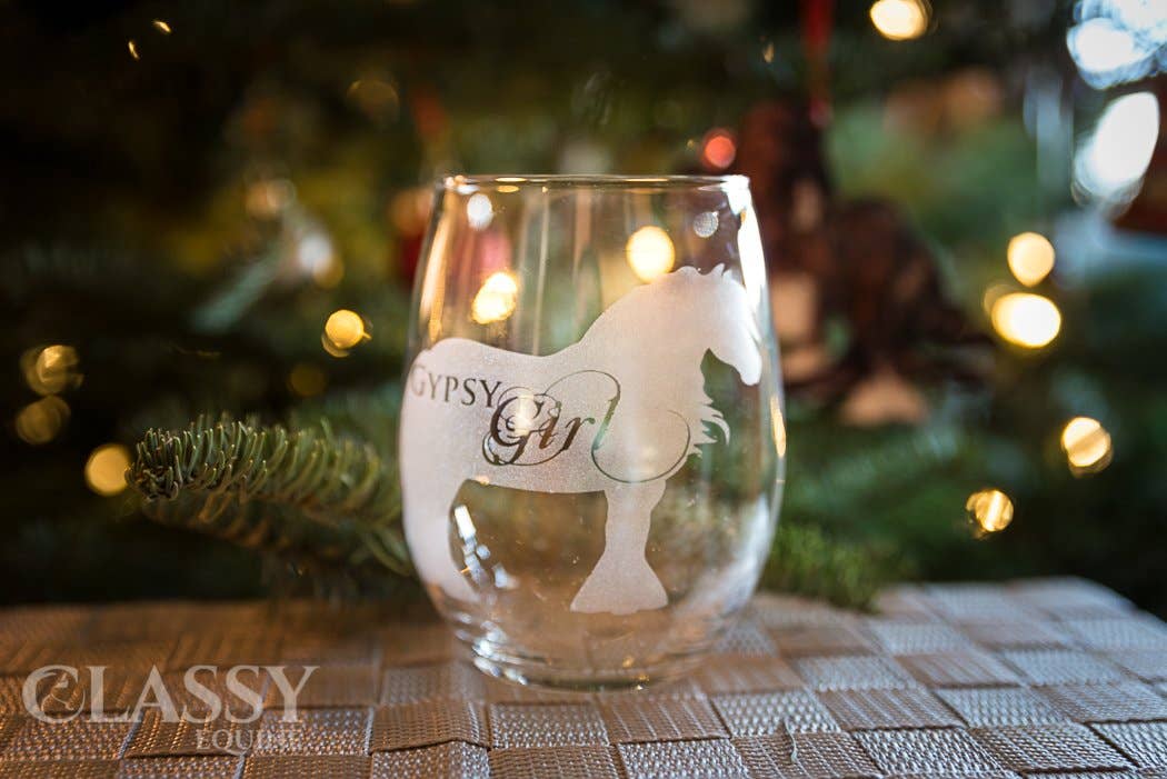 Classy Equine - Wholesale Wine Glass - Gypsy Girl - Gypsy Vanner Horse Stemless Wine Glass1