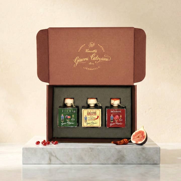 Geschenkdoos met 3 flessen van 50 ml voor wholesale door Vincotto Balsamico Gianni Calogiuri Azienda Agricola