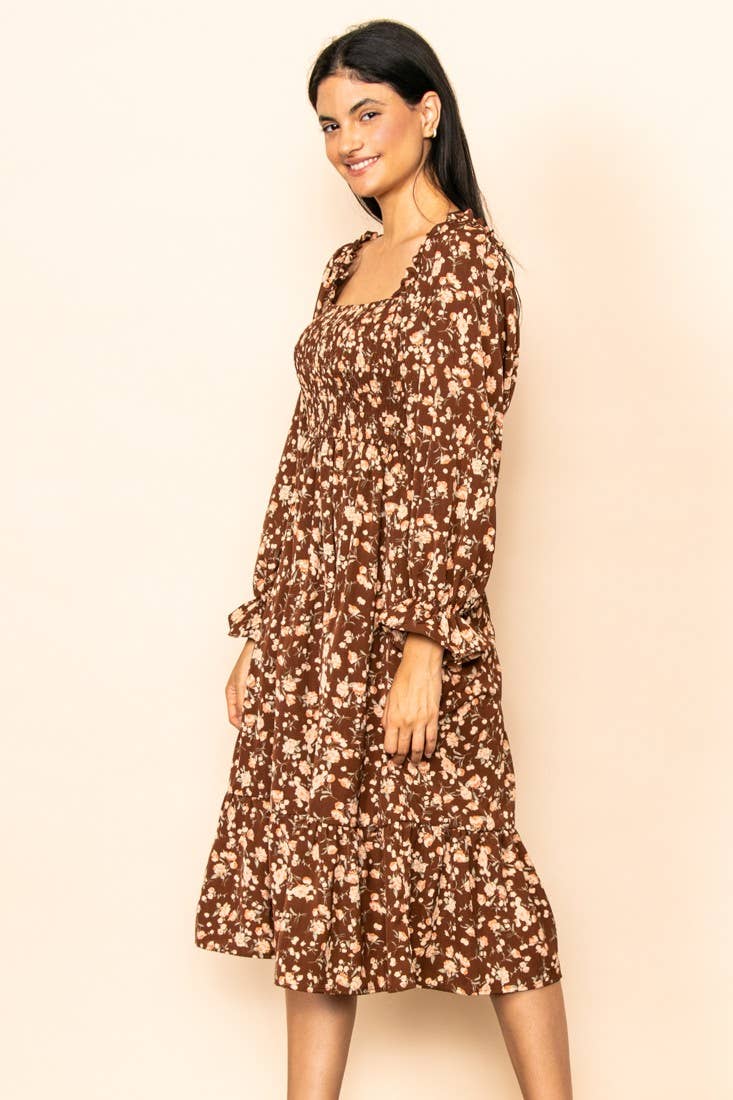 Elloh Collection - Vente Robe – femme - Robe midi vintage à manches longues smockées à fleurs avec poches6