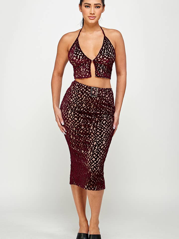 💗 Velvet udbrændthed top og nederdel sæt ✨ for engroshandel hos Spring Haze Inc.