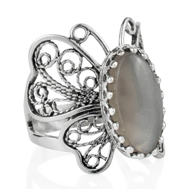 Filigranist Jewelry - Vendita all'ingrosso Anelli cocktail/statement - Anello da donna in argento Sterling con design a farfalla con pietra di luna grigia in filigrana0