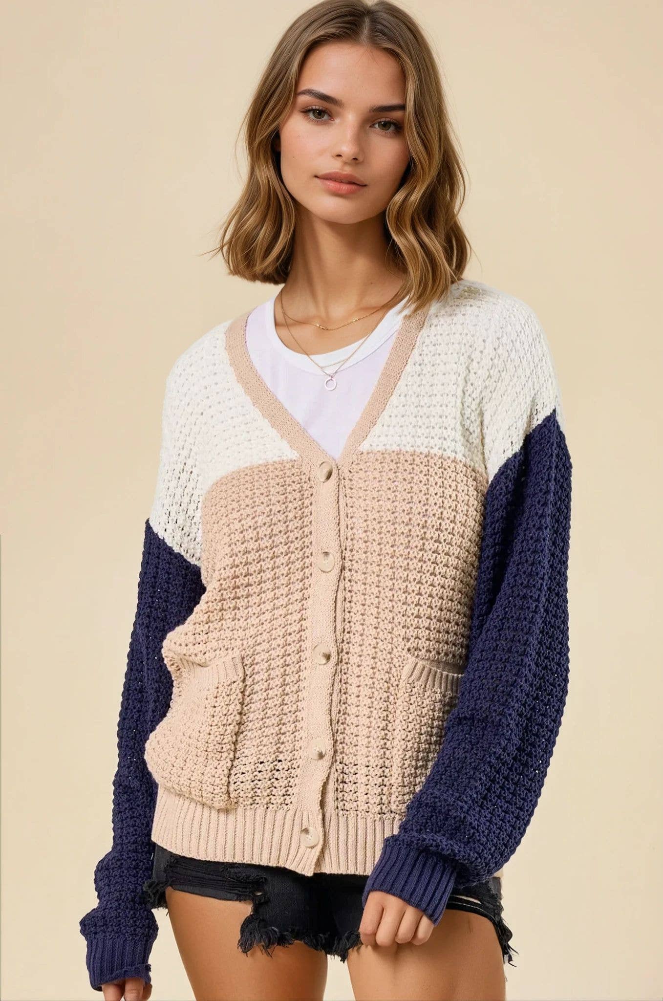 Sand Navy Colorblock Sweater Cardigan - 10139J for wholesale on Faire1