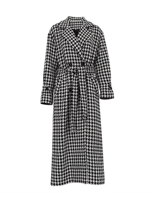 BLACK Long Sleeves Loose Houndstooth Split-Back Split-Joint Tied Waist Lapel Trench Coats for wholesale on Faire