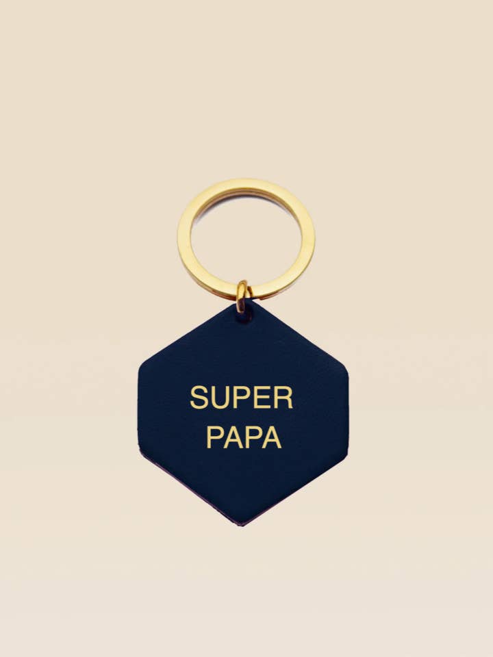 SUPER PAPA midnight blue leather personalized keychain for wholesale by FAUVETTE PARIS