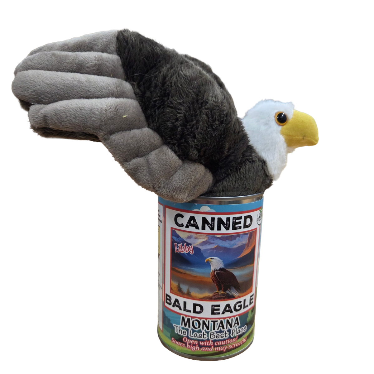 Canned Gifts – wholesale Fyllda/plyschleksaker - Barn och baby – Montana Edition - Konservburk med plysch av vithövdad havsörn med skämt4
