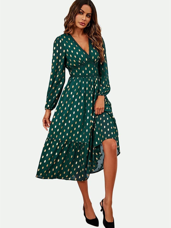 Lace Trim Foil Long Sleeve Maxi Dress In Green for wholesale on Faire2