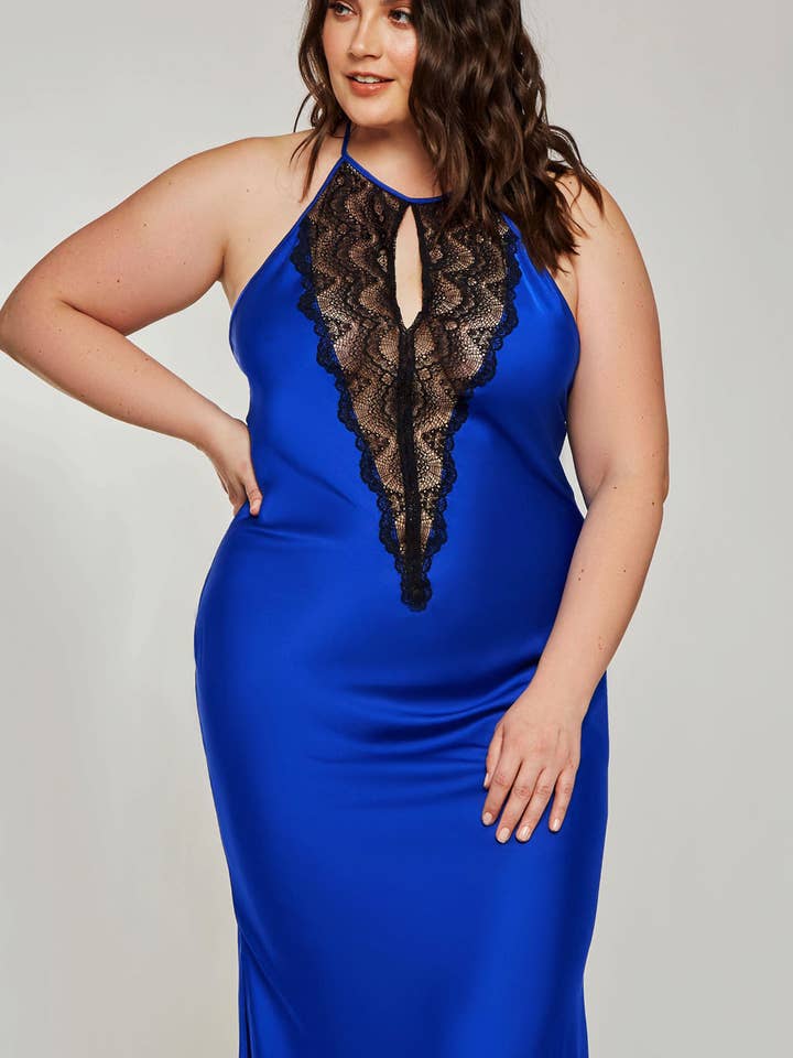 Tess Plus Size Long Stretch Satin Gown with Lace for wholesale by iCollection