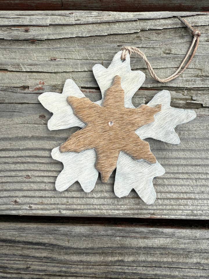 Hair-On Cowhide Two-Layer Snowflake Ornament for wholesale by Wild Mountain Soul Designs