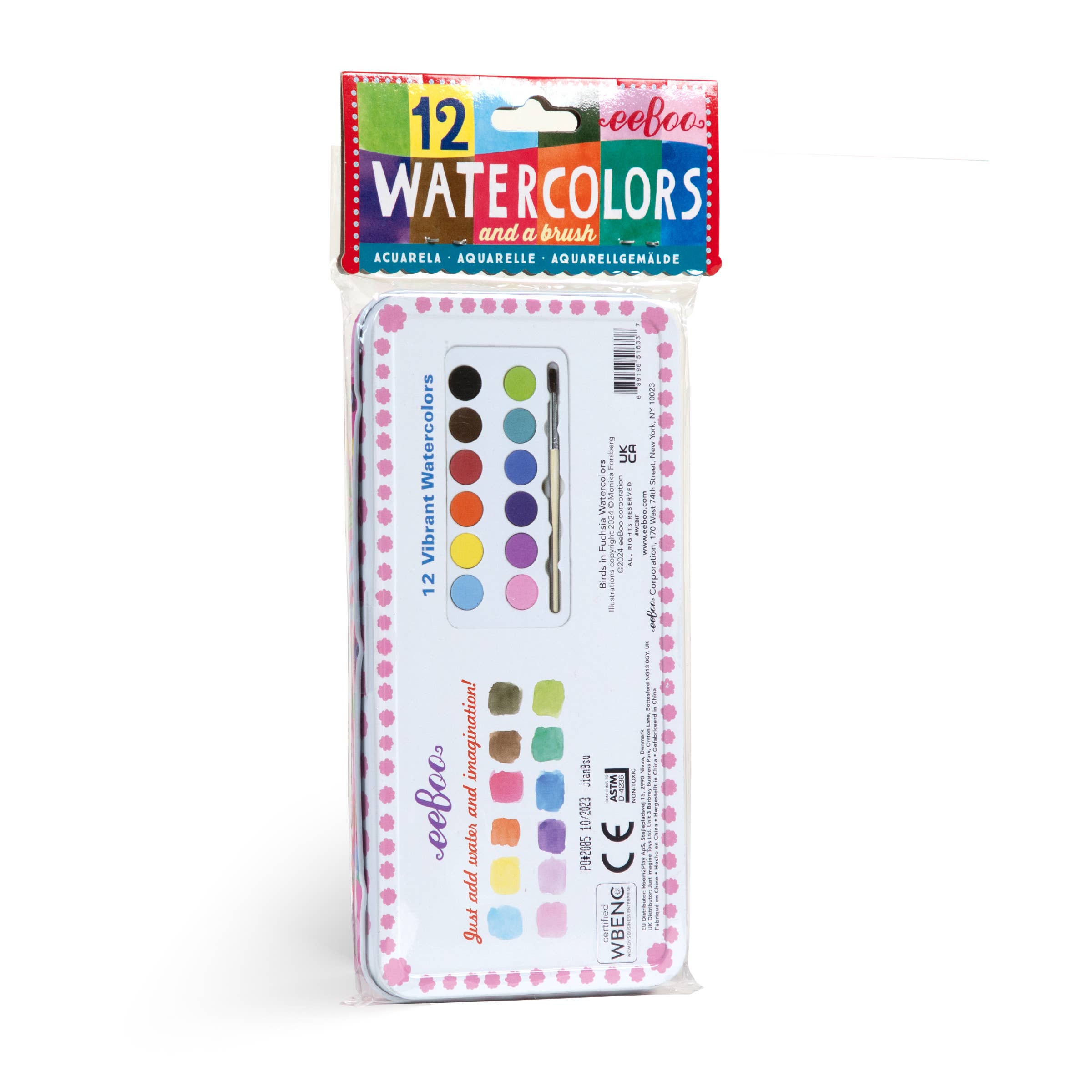 eeBoo - Wholesale Watercolor Paint - Birds in Fuchsia Watercolors Paint Tin2