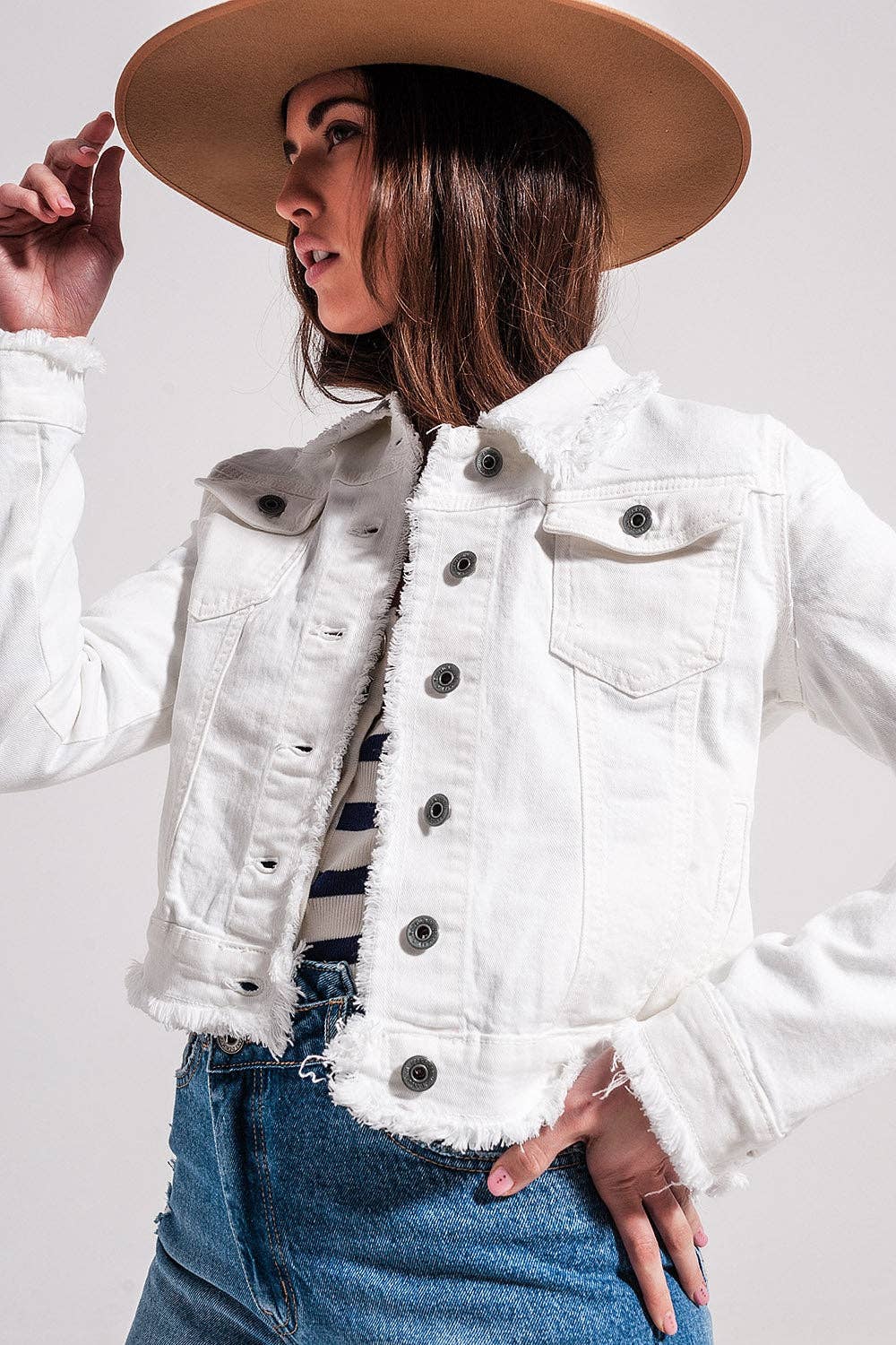 Raw edge denim jacket in white for wholesale on Faire