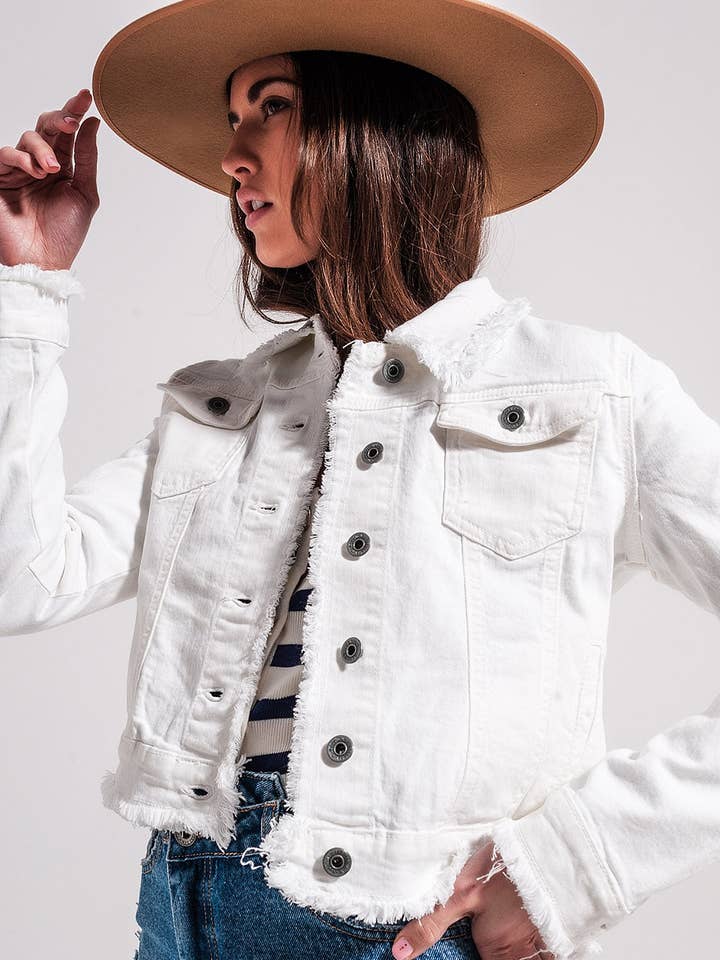 Raw edge denim jacket in white for wholesale on Faire0