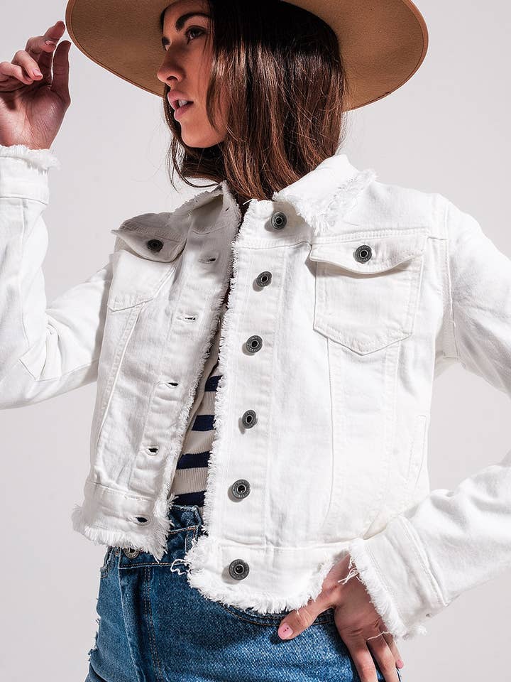 Bianco Giacca in denim bianco con bordo grezzo in vendita all'ingrosso su Faire0