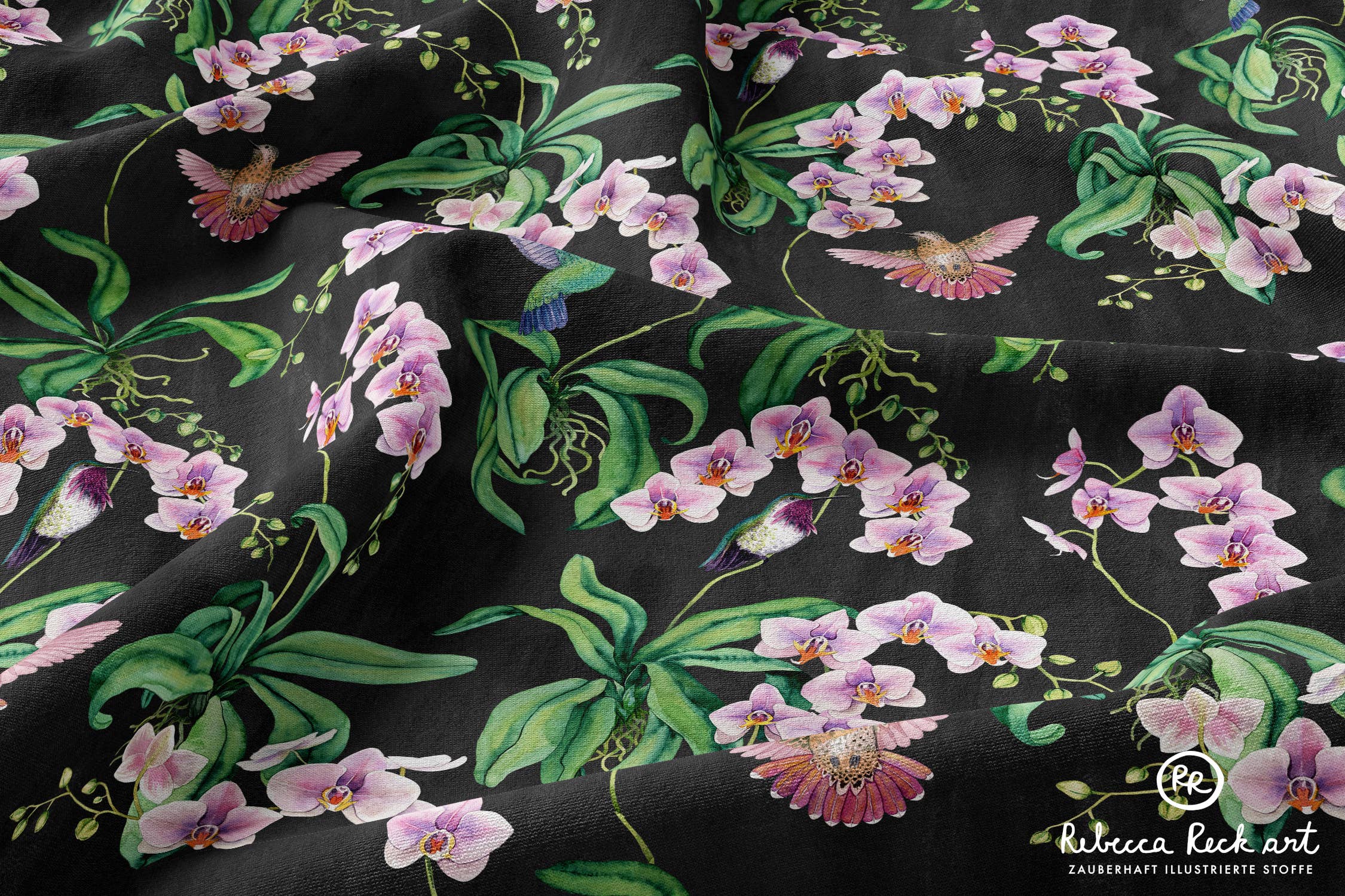 Rebecca Reck Art - Wholesale Fabric - Orchids & Hummingbirds - 10m bale of fabric2