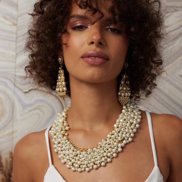 Gold and Pearl Cluster Bib Necklace for wholesale on Faire