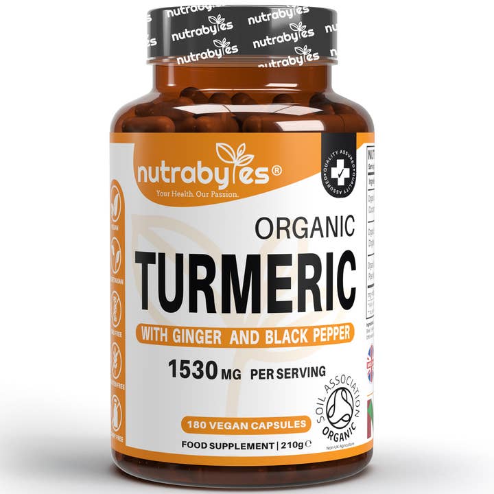 Organic Turmeric Curcumin with Ginger & Black-Pepper, 1530mg, Certified Organic by Soil Association | Made in the UK for wholesale by NUTRABYTES