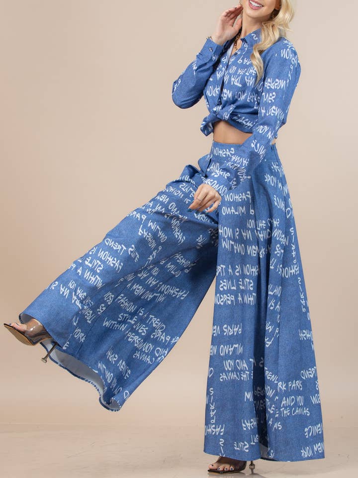Blue P919-5174-Milano Graffiti Print Wide Leg Palazzo Pants for wholesale on Faire