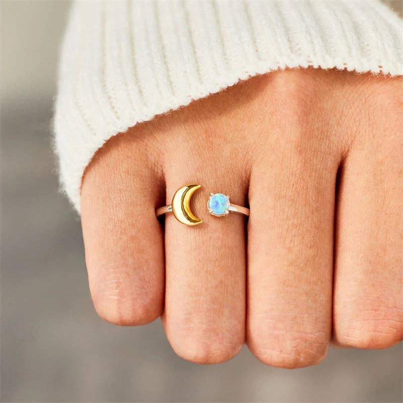 Perimade & Co. LLC - Wholesale Single Stone/Solitaire Ring - Gold Opal Moon Star Stacking Ring in 925 Sterling Silver1