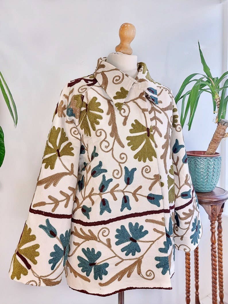 Essential Designs London – wholesale Jacket – Women's – Suzani Hand Embroidered Short Jacket | Autumn Winter Boho Uzbek Kashmir Crewel | Christmas Special Gift | Classic ElegantWhite Olive Teal1