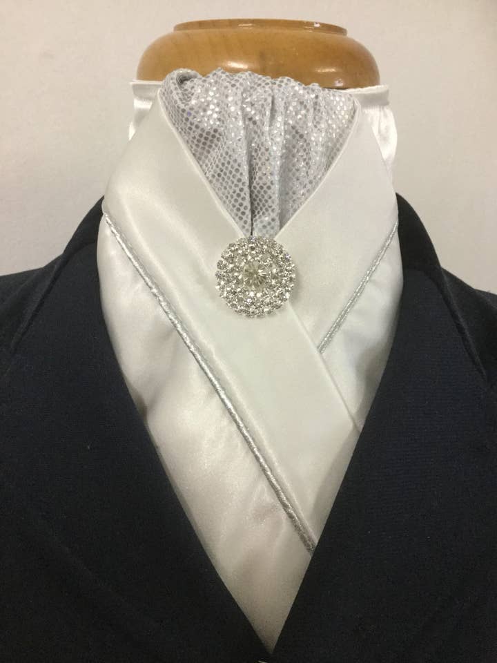 HHD ‘Ellie’ Ivory or White Custom Stock Tie in Silver with Rhinestone Pin for wholesale by Heavenly Horse Designs