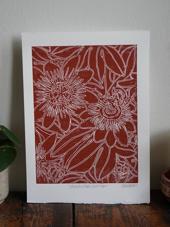 Original Linocut passion flower Print ‘Passiflora Caerulea’ for wholesale by LDMDesign