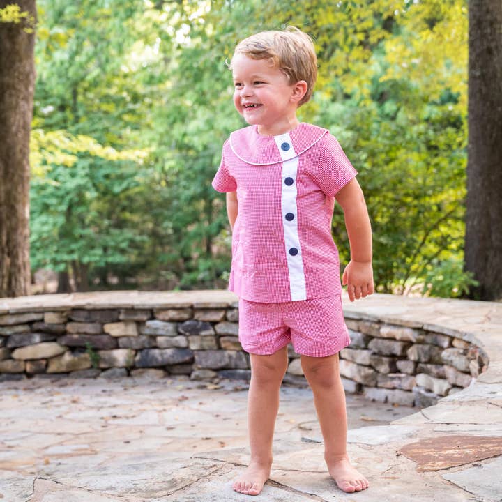 Blusa Edward con pantalones cortos en cuadros de bayas con ribete blanco para venta al por mayor de Angels and Company Clothing