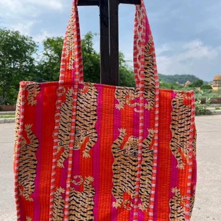 bhavnas boutique - Wholesale Luggage Tag - Tiger block Print Tote Bag Indian Handmade Cotton Shopping1