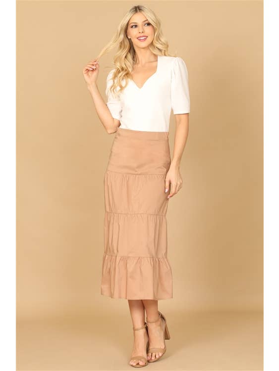 Lt Brown Tiered Solid Midi Skirt - Casual Midi Skirt for wholesale on Faire3